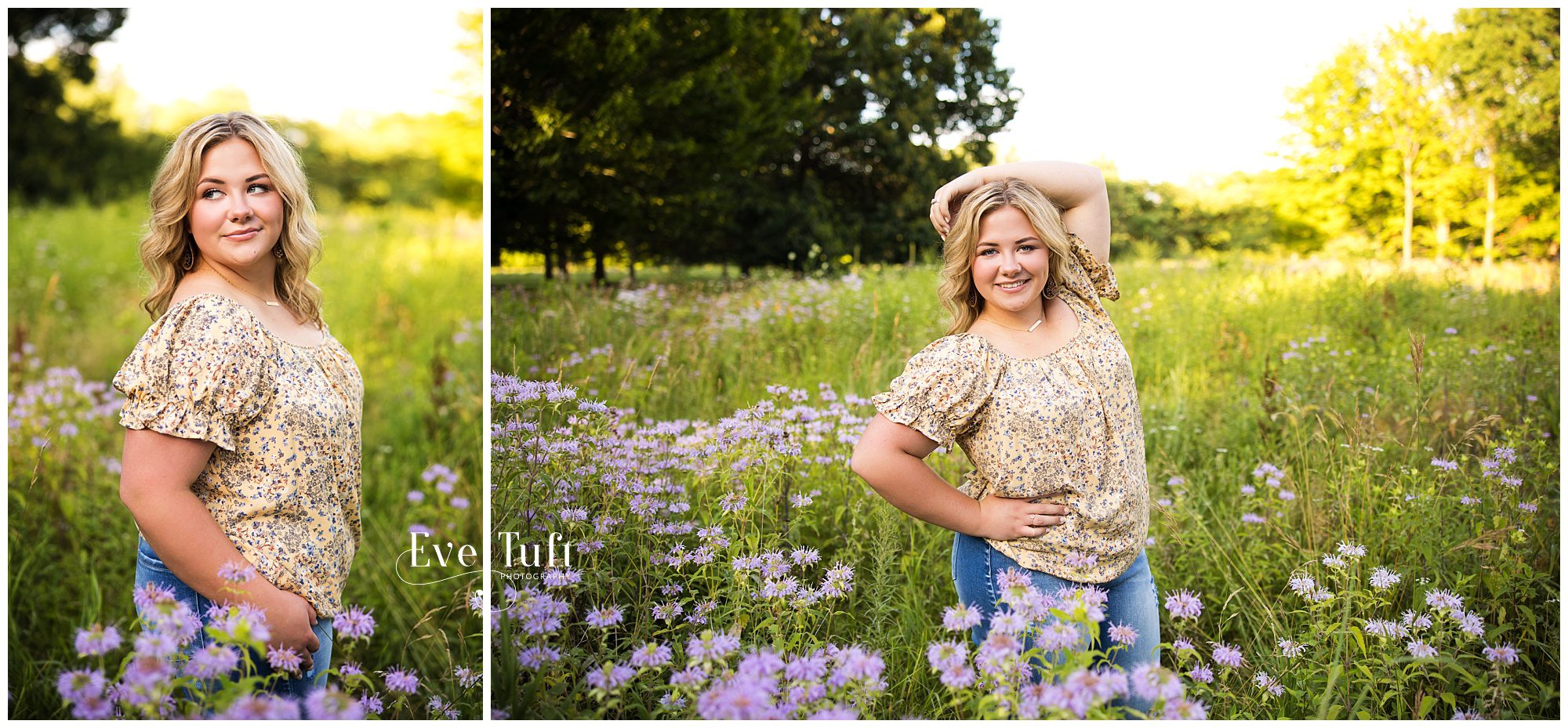 A lovely teen stands in a field of flowers for her session with Eve Tuft photography | Midland, MI Senior Photographers