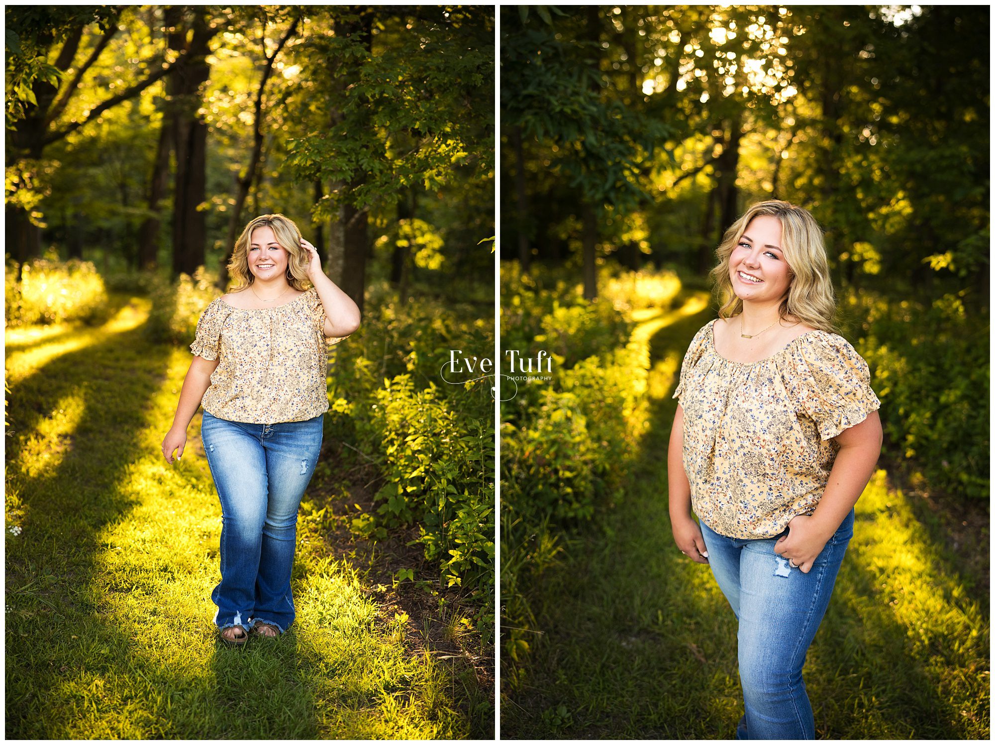 Natalie walks along a pathway outside in the forest | Senior Pictures with Eve Tuft
