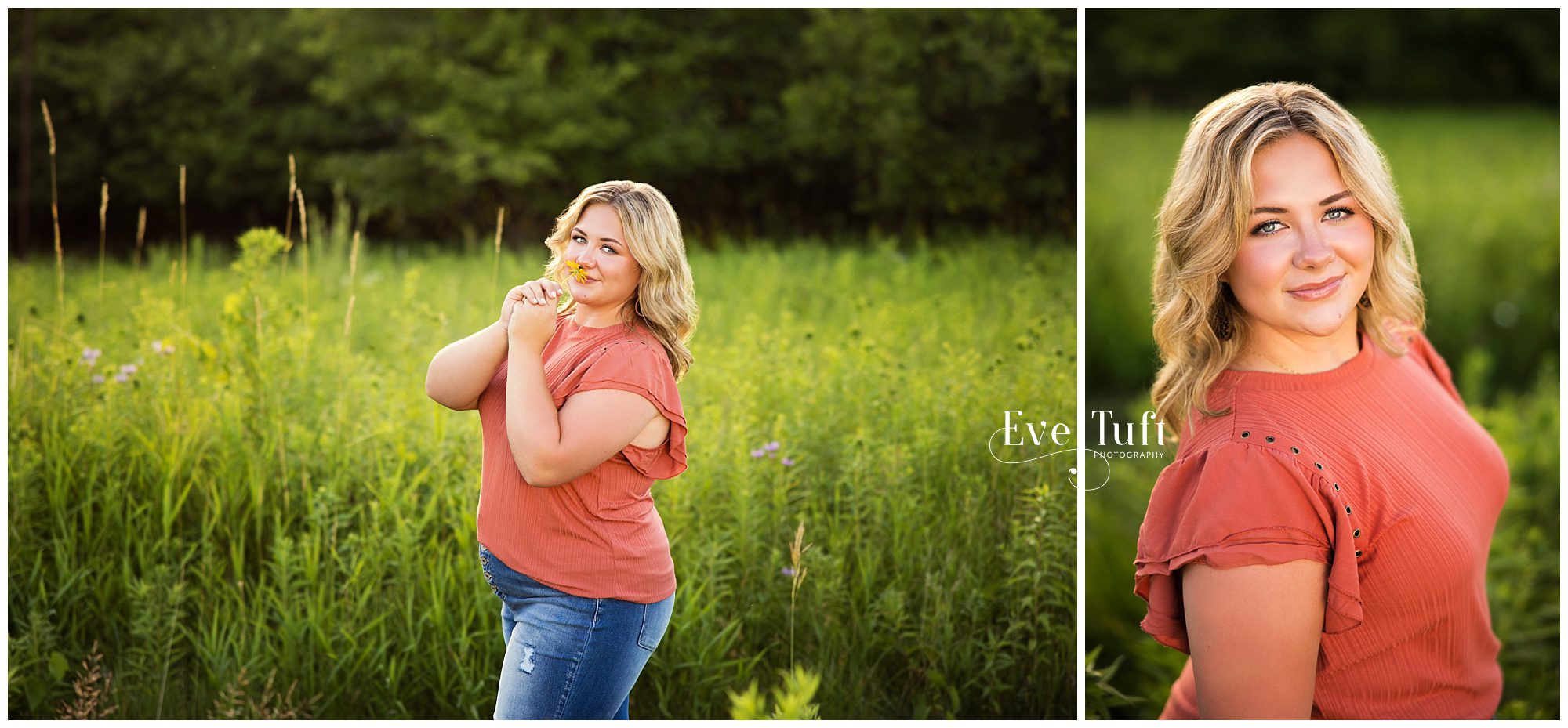 A beautiful teen smells the flowers outside at the nature center | Senior Photographer in Midland, MI