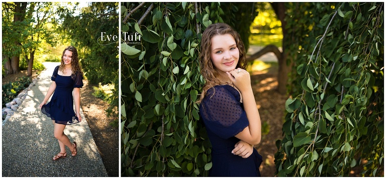 A beautiful teen stands near a willow tree outside at Dow Gardens | Senior Sessions with Eve Tuft