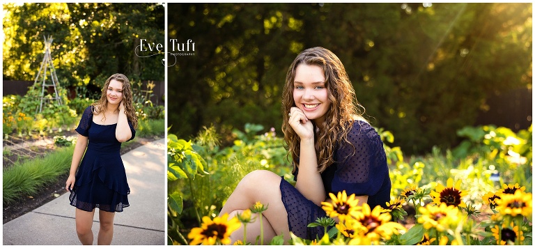 A pretty teen sits behind a flower bed for her senior session | Eve Tuft Photography