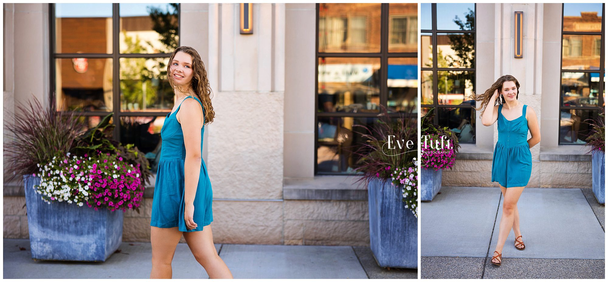 A senior walks along Downtown Midland for her session outdoors | Michigan Photographers