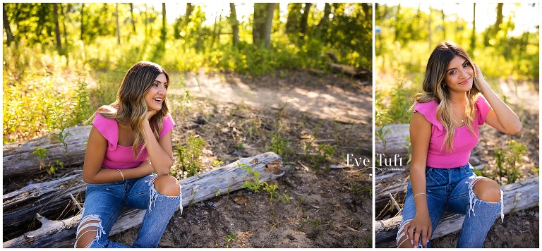 Jami sits on a log outside for her senior session at Bay City State Park \ Eve Tuft Photography