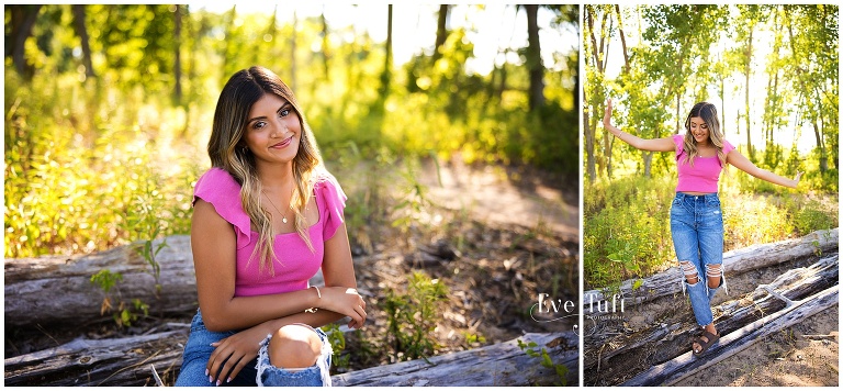 A beautiful teenager sits on a log outside at the beach in Bay City, MI | Senior Photographers in Midland