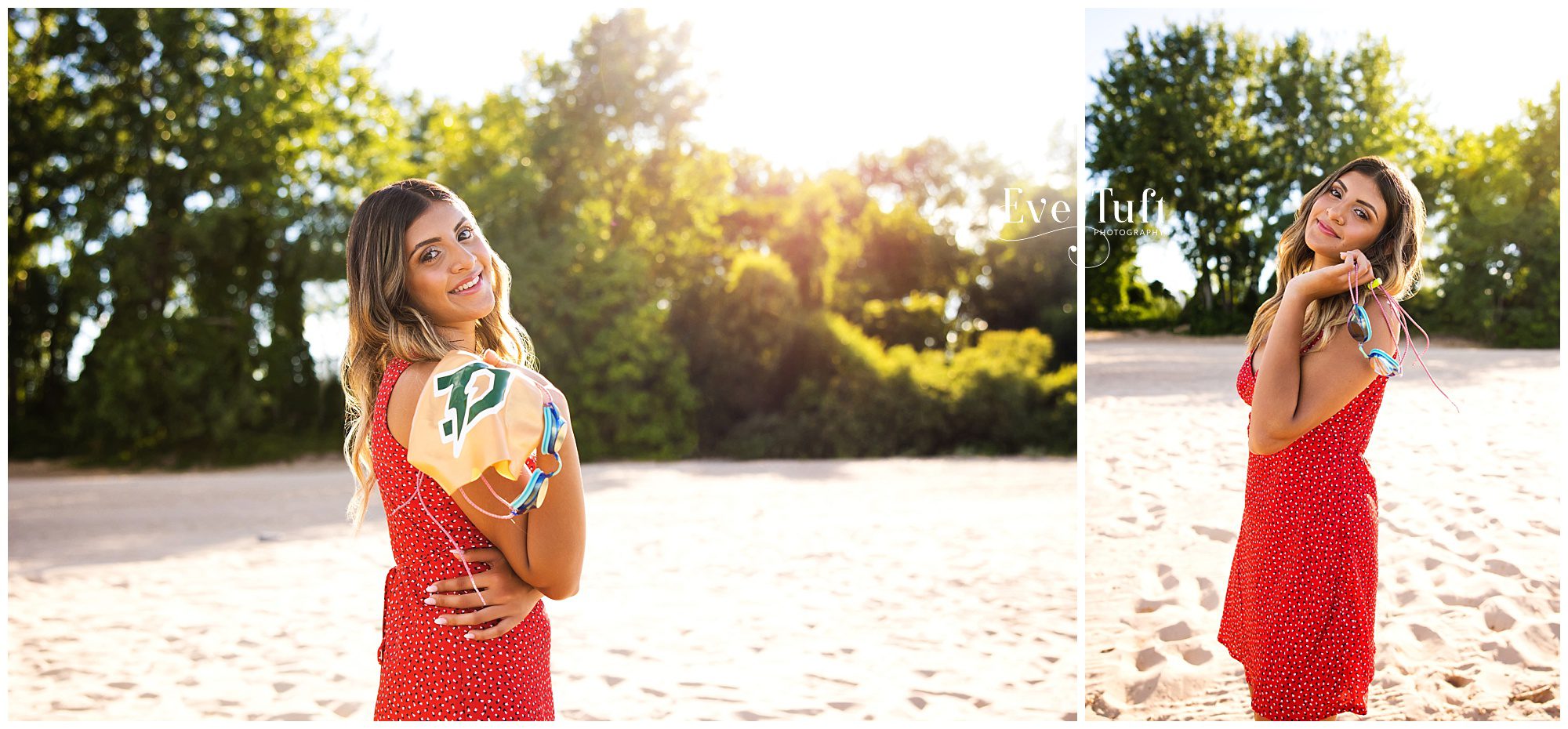 A teen stands on the beach outside with her swim gear for her senior session | Midland, Michigan Photographers