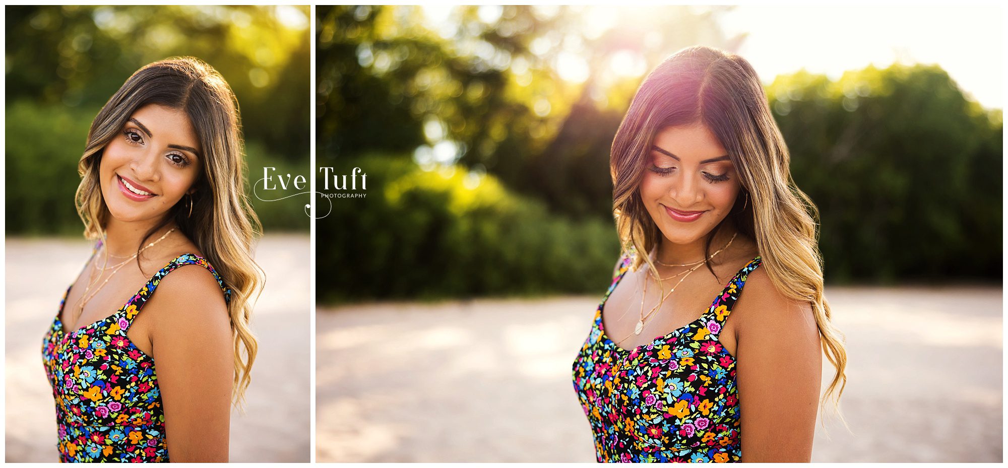 A beautiful teen stands outside on the beach for her senior pictures with Eve Tuft Photography