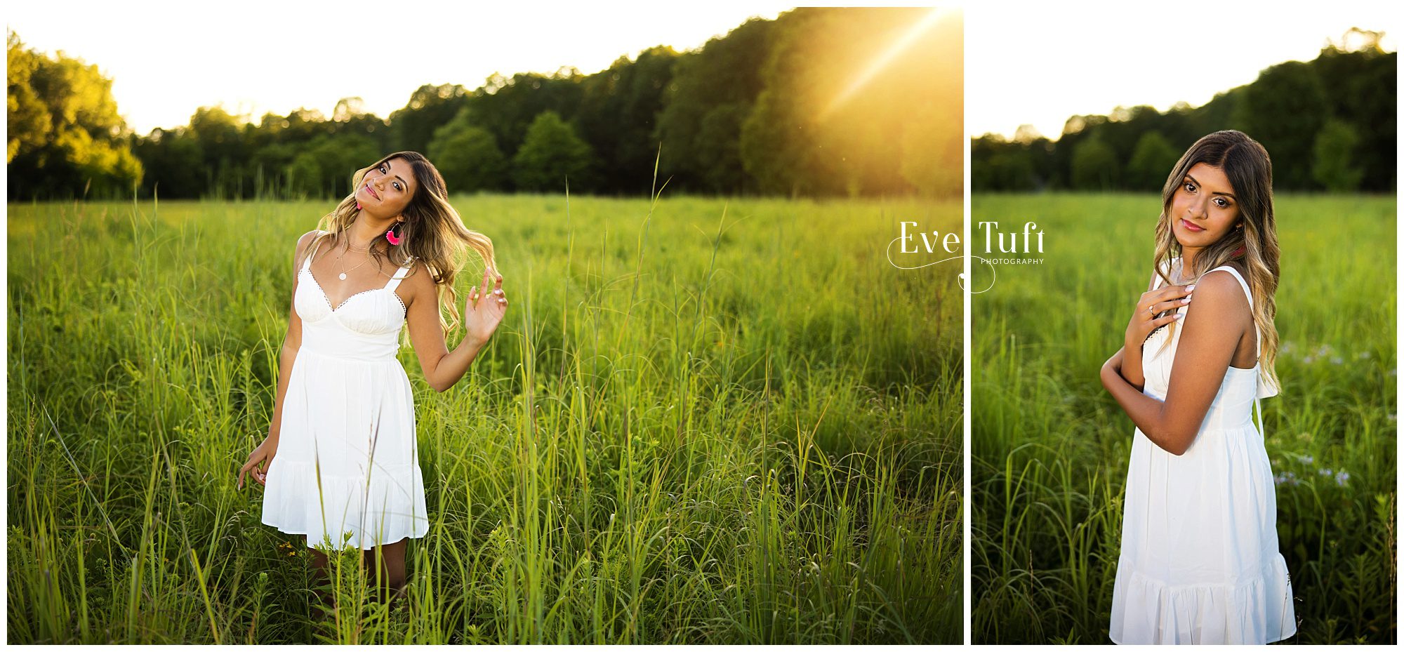 A senior stands in a field in her dress outside as the sun sets in Michigan | Senior Photographer for Dow High School
