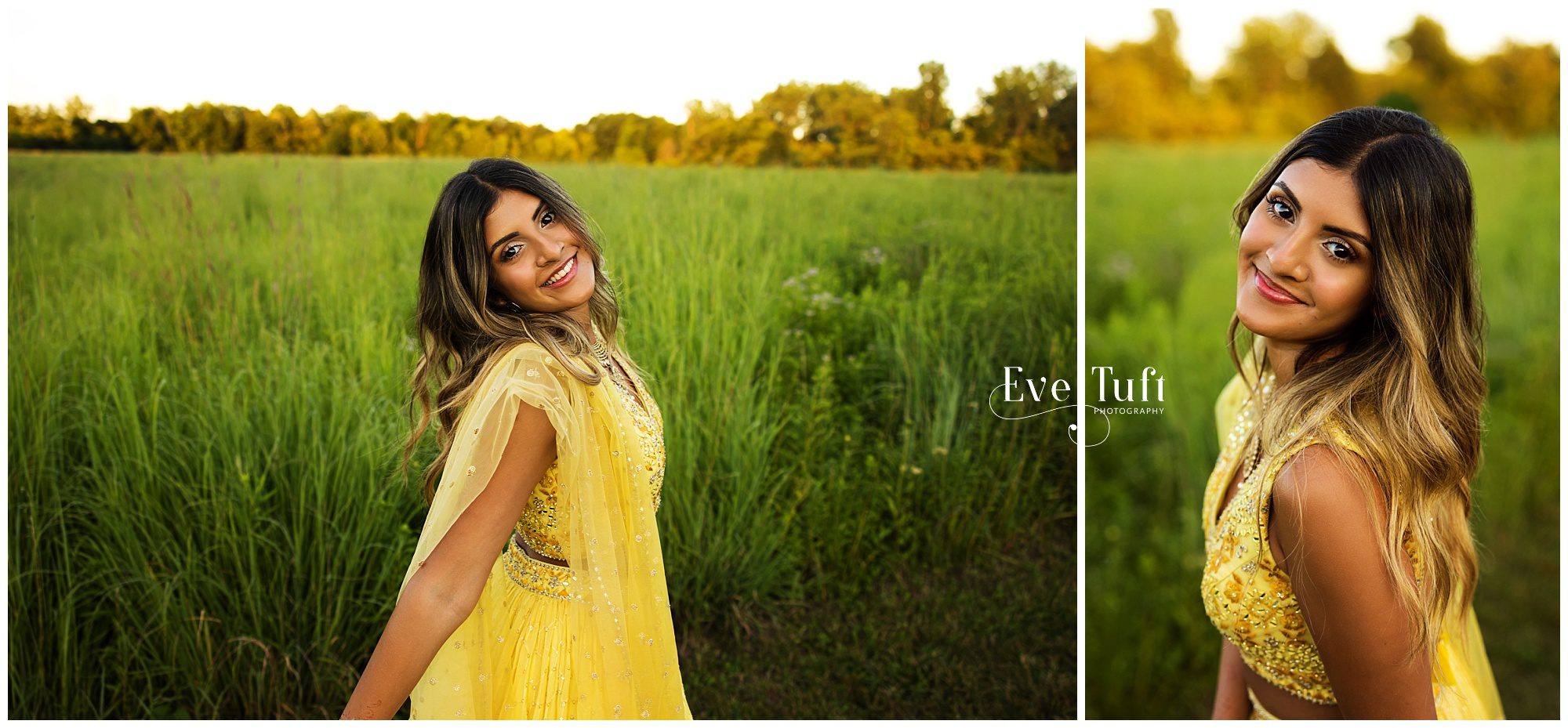 A beautiful teen wears a traditional Indian dress outside in a field for her session | Senior Photographers in Midland, Michigan