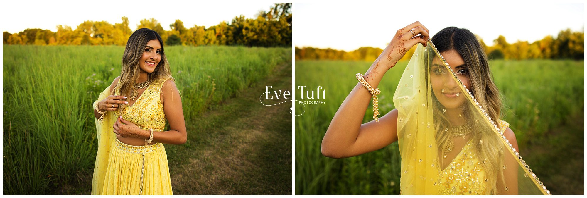 A teen wears her Indian dress outside in a field for her session | Senior Pictures in Midland, MI