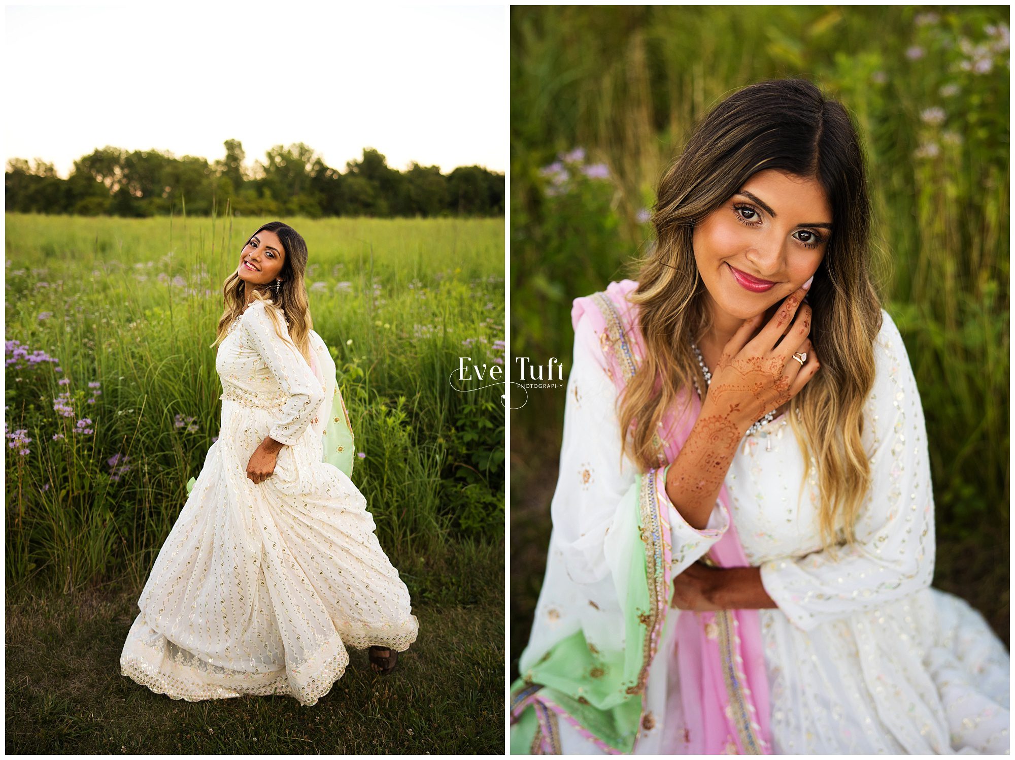 An Indian teenager wears a dress with henna on her hands in a field at the nature center | Midland, MI senior photographer CNC