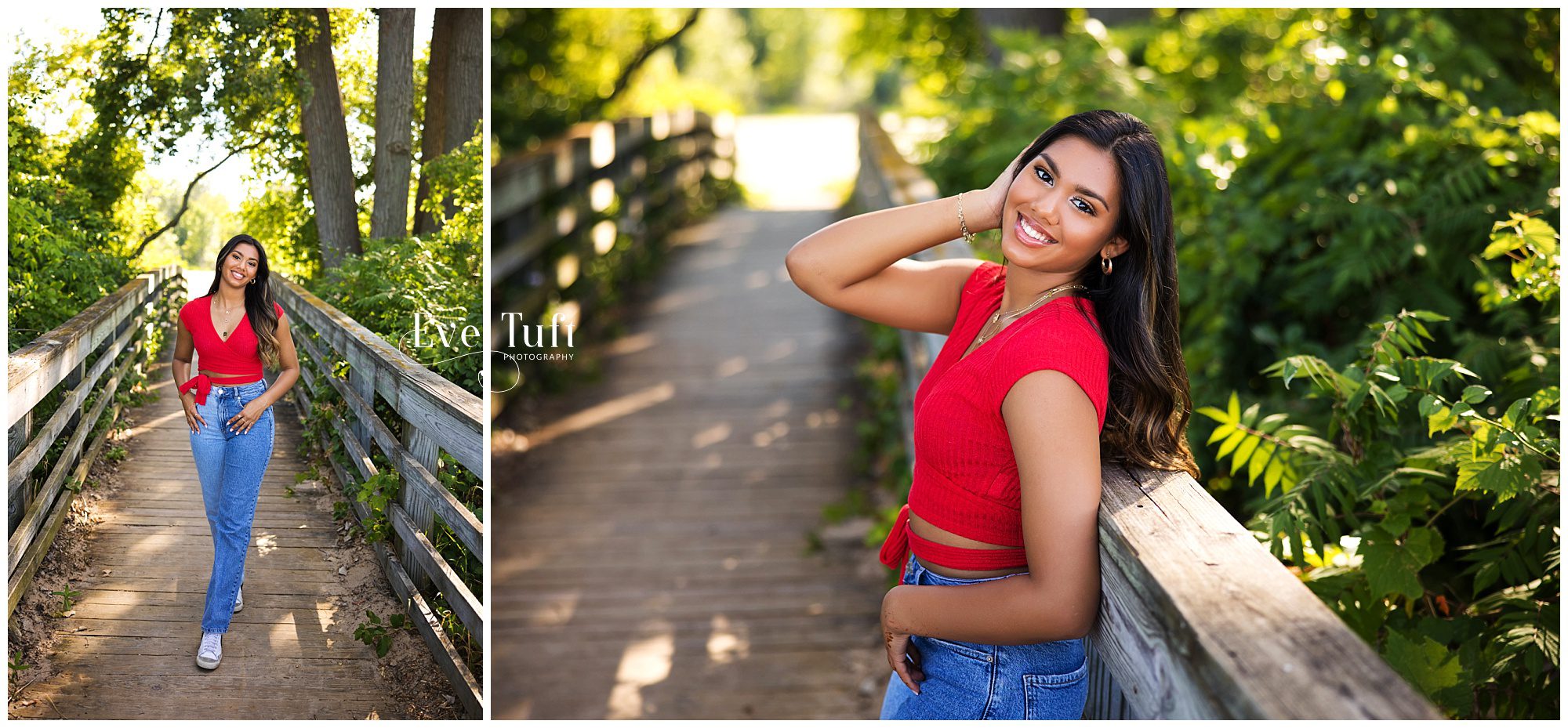 A beautiful teen walks along a boardwalk outside near a beach | Bay City, Michigan Senior Photographer