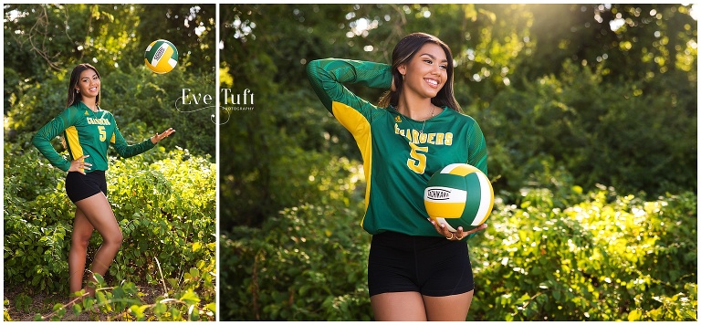 Durri poses outside with her volleyball near the beach | Senior Session in Bay City, MI