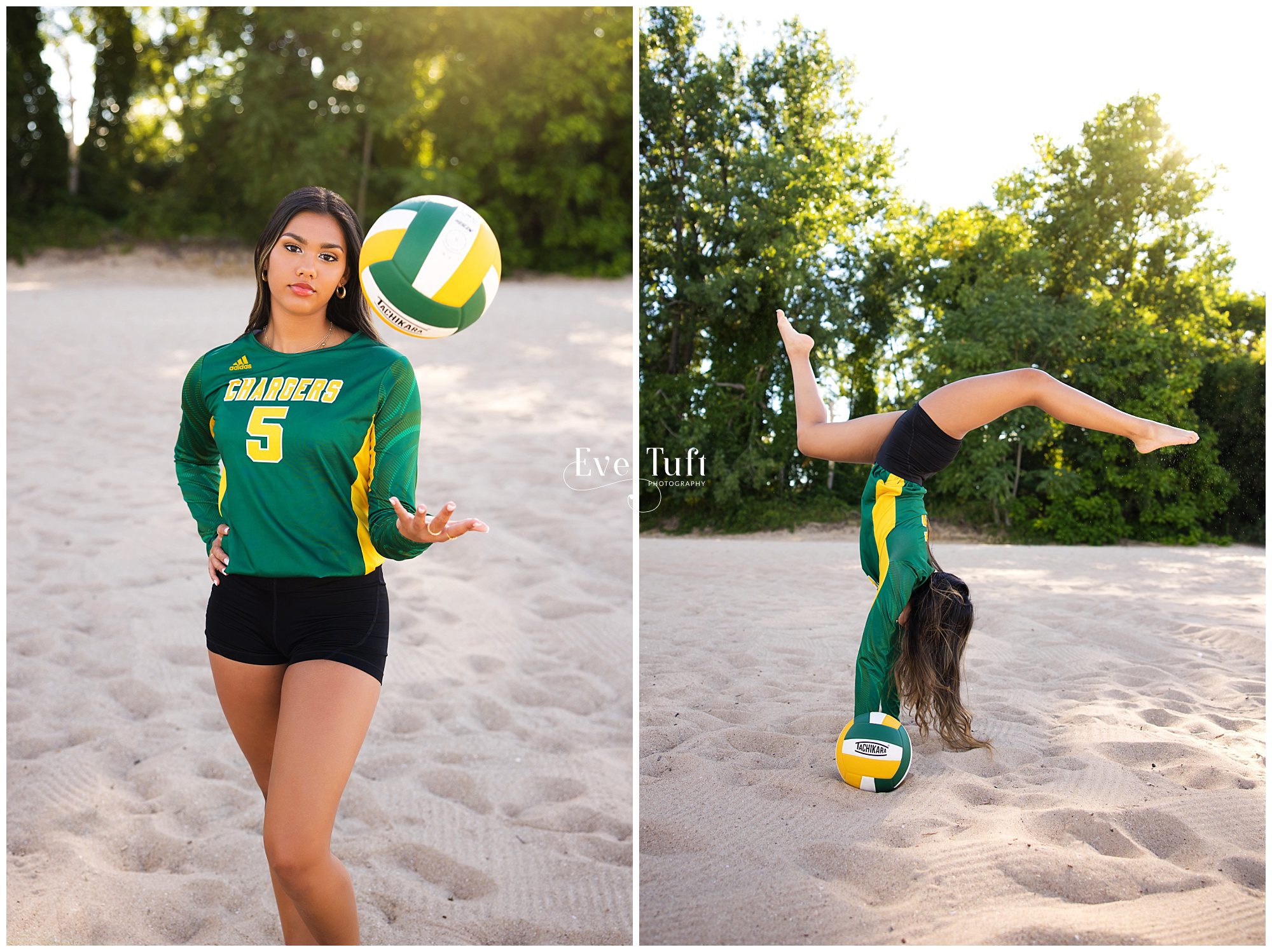 A high school teen does a handstand outside on the beach with her volleyball | Senior Photographers in Michigan