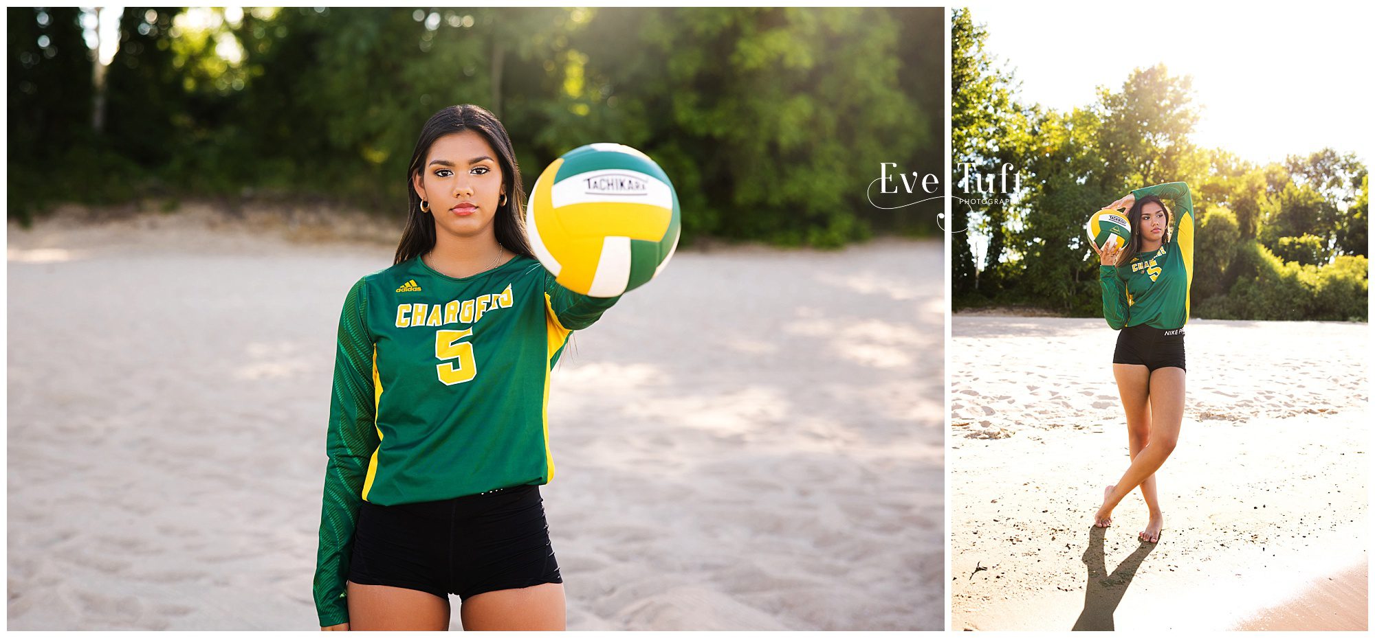 Durri holds the volleyball out in front of her on the beach | Senior Session in Bay City, Michigan