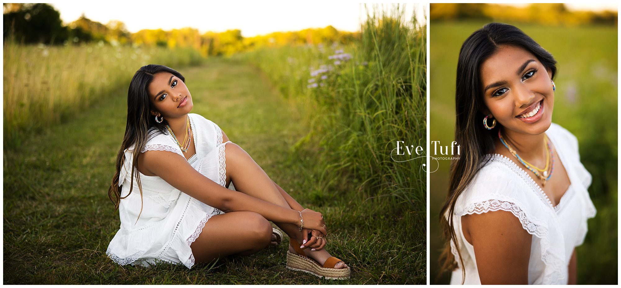 A teen sits on the grass in her dress outside at the nature center | Midland, MI Senior Photographer