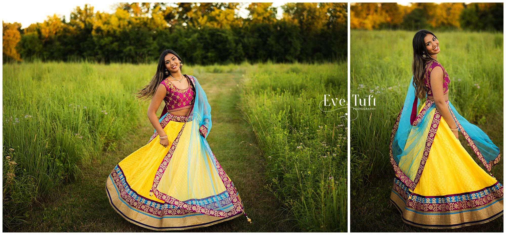 A beautiful young woman twirls in her Indian dress outside along a pathway | Senior Photographers in Midland, Michigan