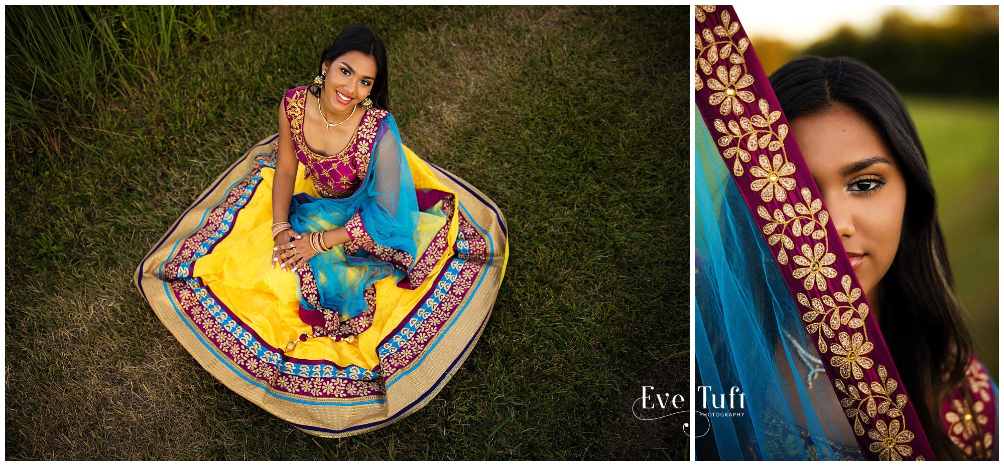 Durri sits in the grass in her traditional Indian Dress outside | High School Photographers in Michigan