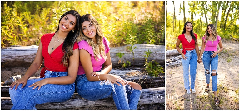Two cousins sit on a log together at the beach | Senior Session with Eve Tuft