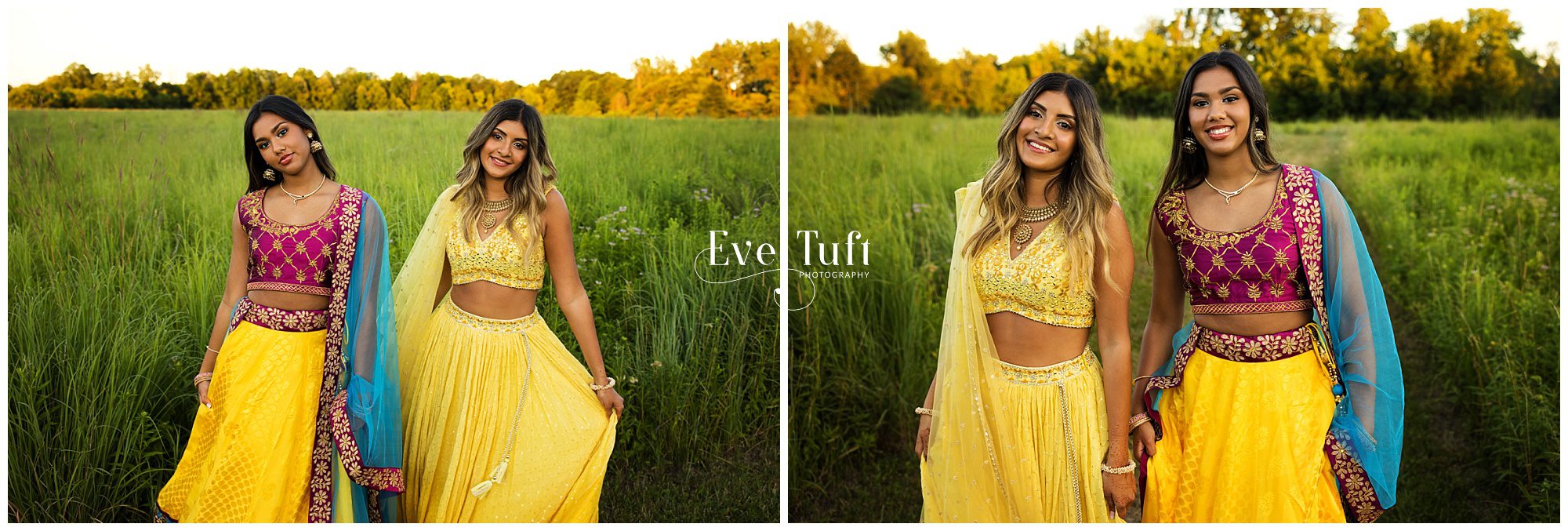 Two Indian young women wear traditional dresses outside in a field | Chippewa Nature Center Photographer in Midland, MI