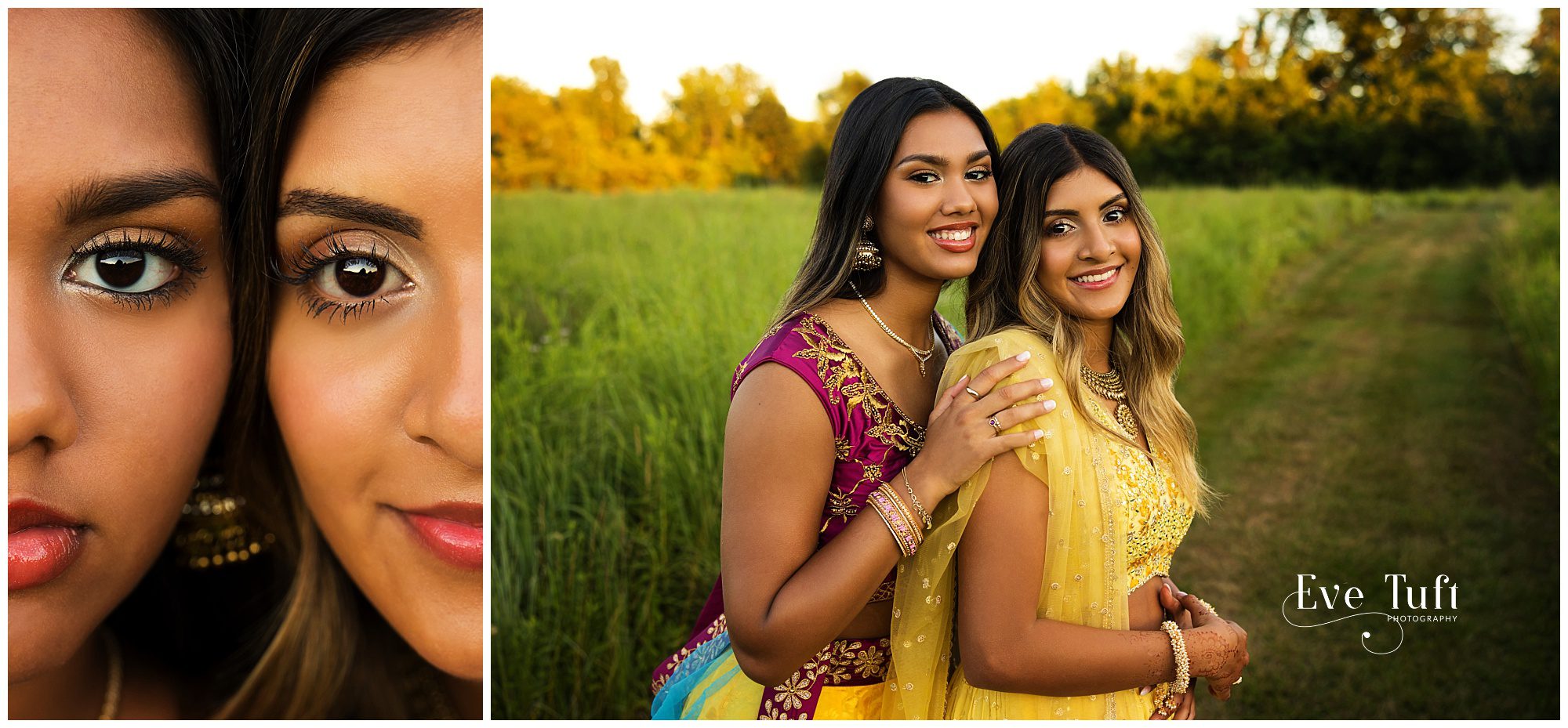 Two beautiful cousins wearing traditional Indian Dresses stand outside in a field | Senior Photographers in Midland, MI