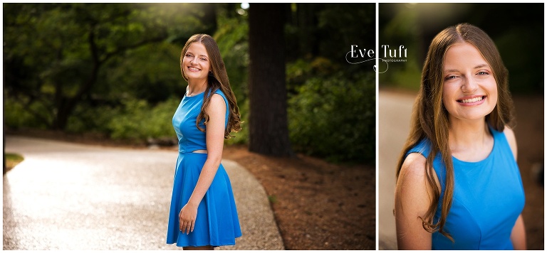 A beautiful teen stands on a walkway at Dow Gardens for her senior session with Eve Tuft Photography
