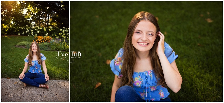 Kate sits outside in a garden for her session | Midland, MI Senior Photographer