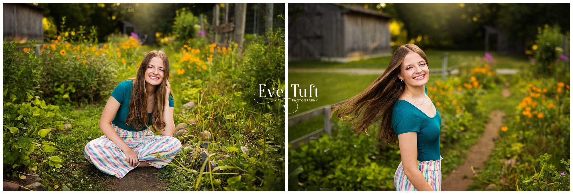 A teen flips her hair around in a lovely garden outside in Michigan | Senior Photographer at the Chippewa Nature Center