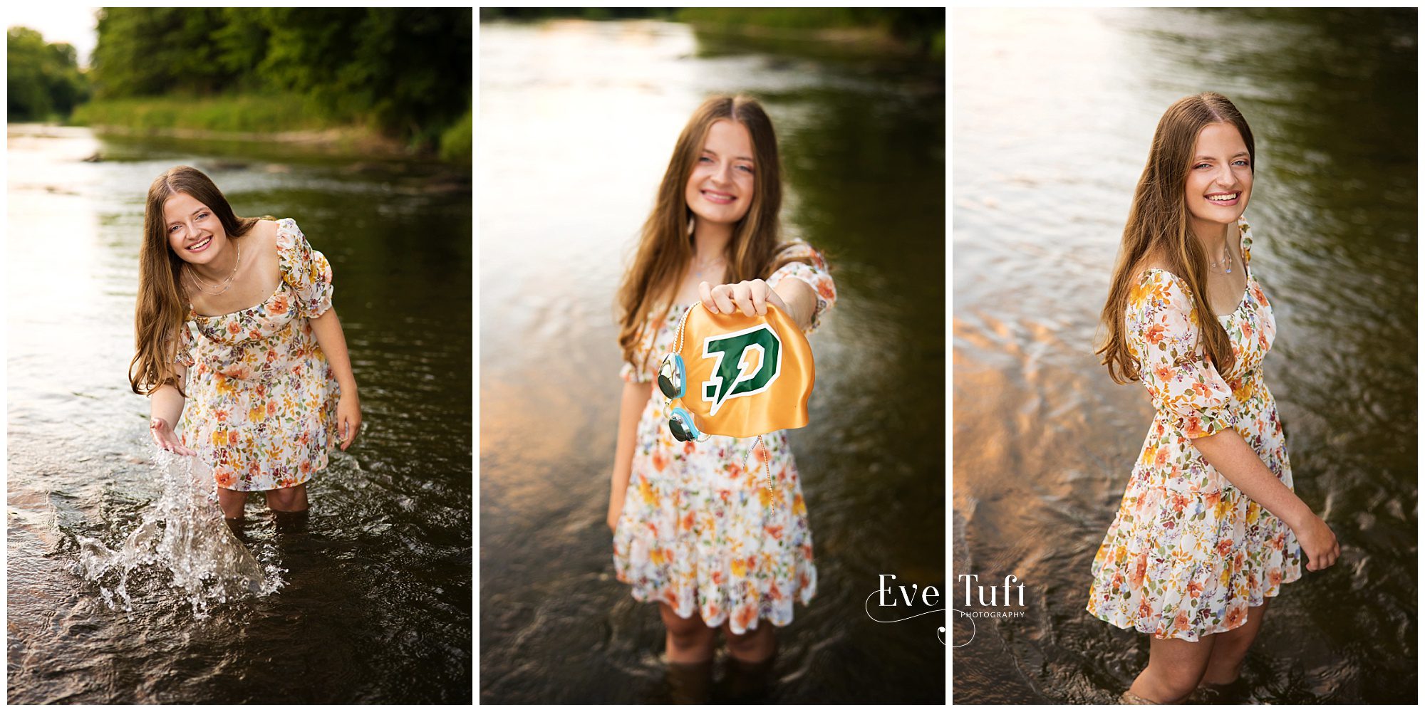 A teenager splashes in the water in the river with her goggles and swim cap | Senior Pictures in Midland, MI