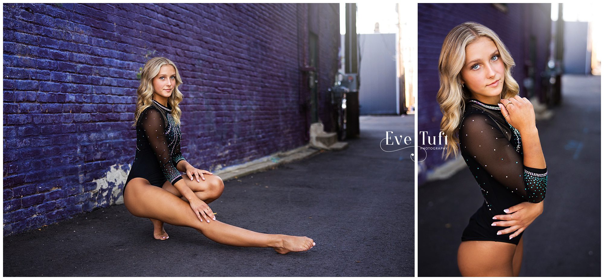 Emily poses outside in an alley in her gymnastics leo for her senior session | Eve Tuft Photography