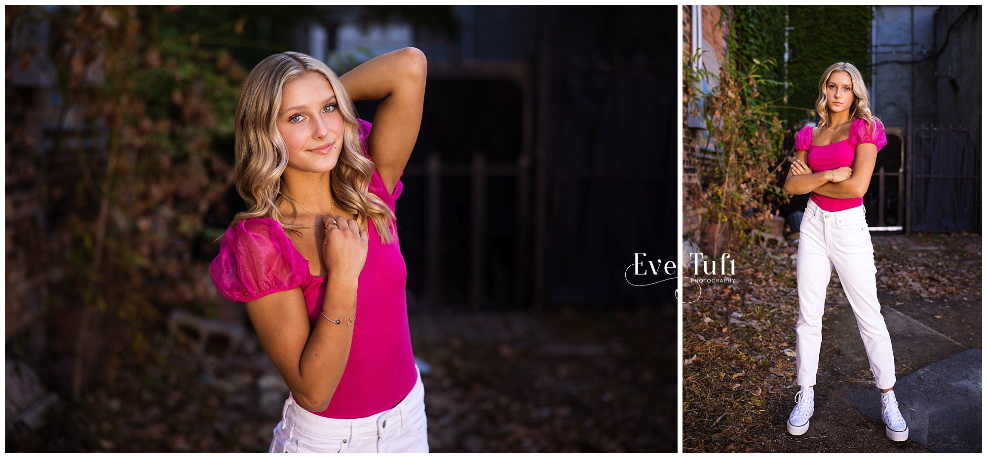 A beautiful teen poses outside in a grungy alleyway for her session | Senior Photographers in Midland, MI