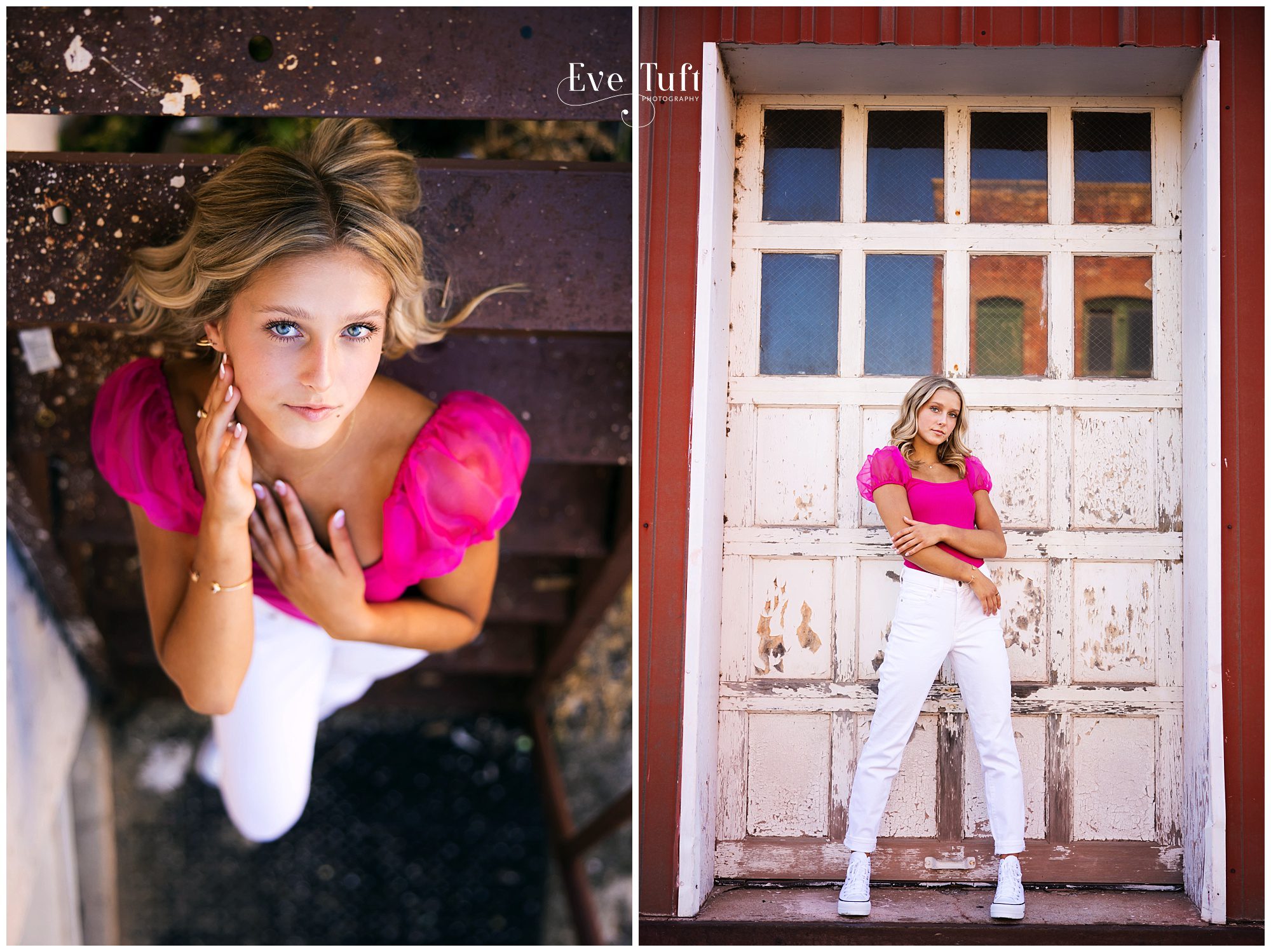 Emily lies down on stairs for her pictures outside | Downtown Bay City, Michigan Senior session