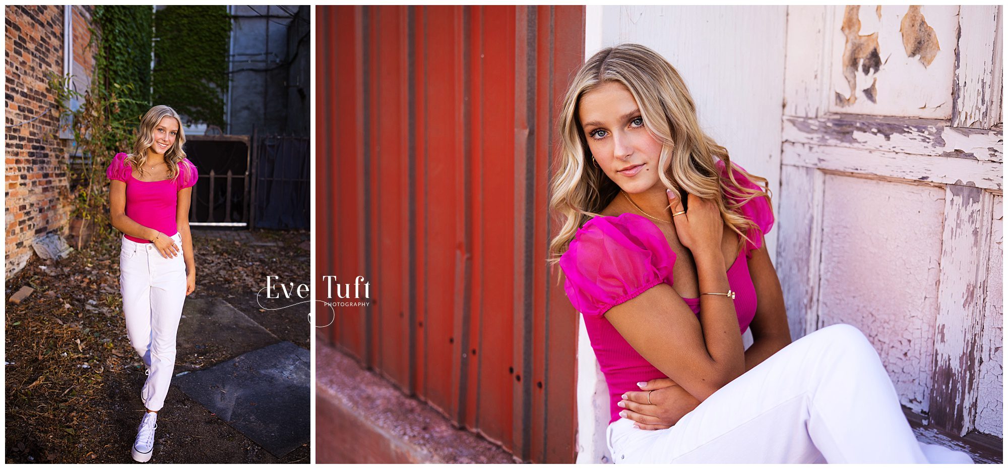 Emily walks toward the camera outside in an alley | Senior Photographer in Bay City, Michigan