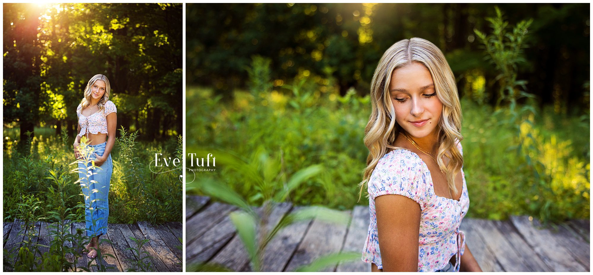 A teen stands on a wooden bridge outside at the nature center | Midland, Michigan senior photographer
