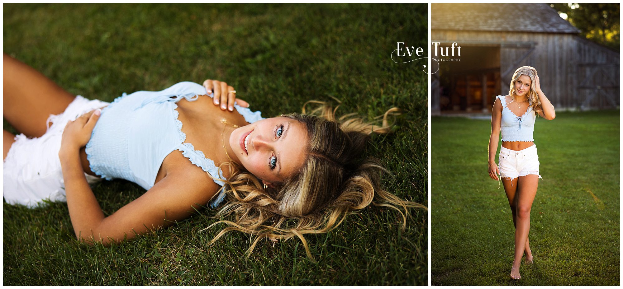A teen lies down on the grass outside near a barn | Senior Sessions in Midland, MI