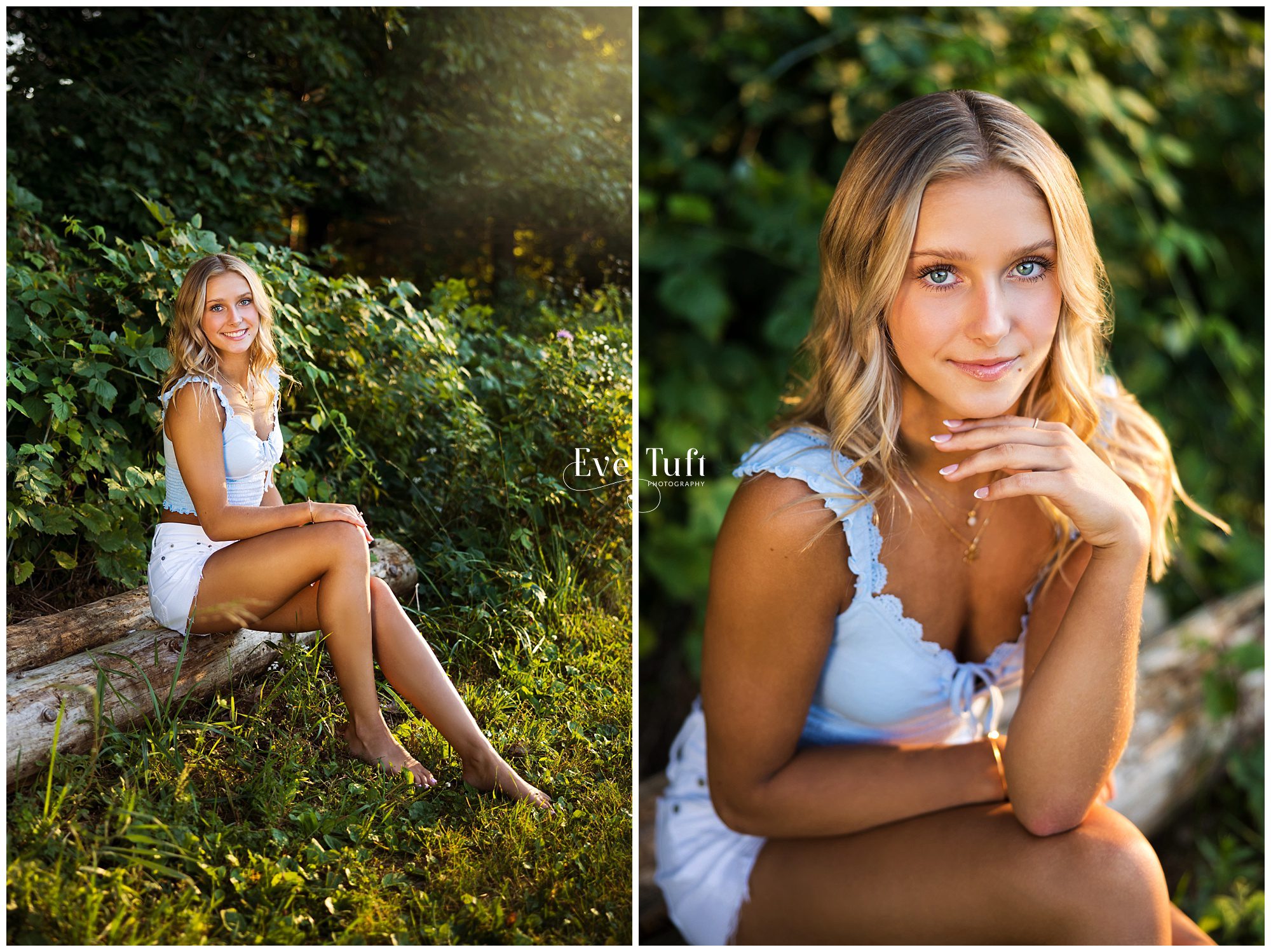A teen sits on a log outside for her senior session outside | CNC photographer