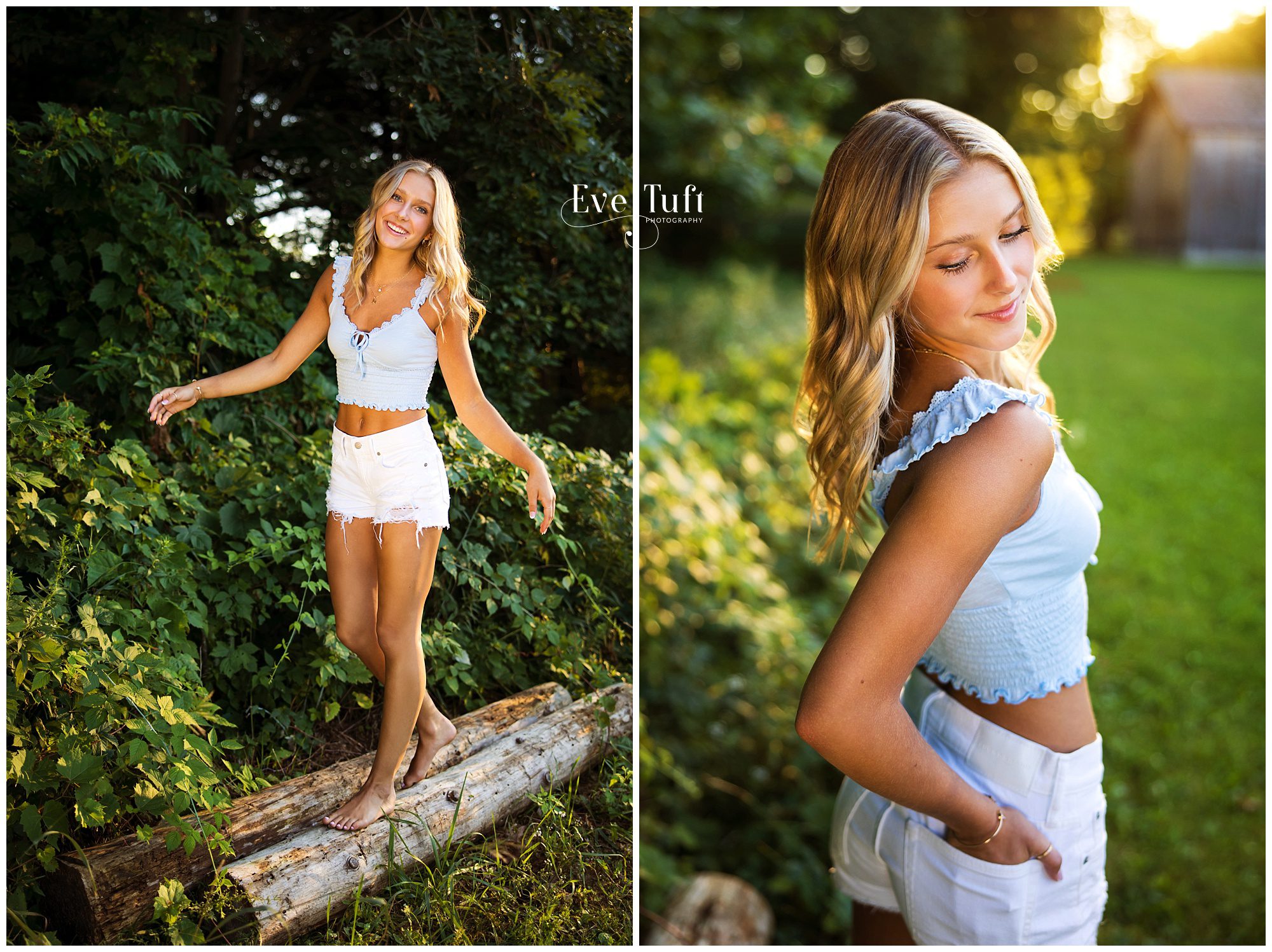 A teen walks on a log outside for her session with Eve Tuft Photography | Senior Photographers in Mid-Michigan
