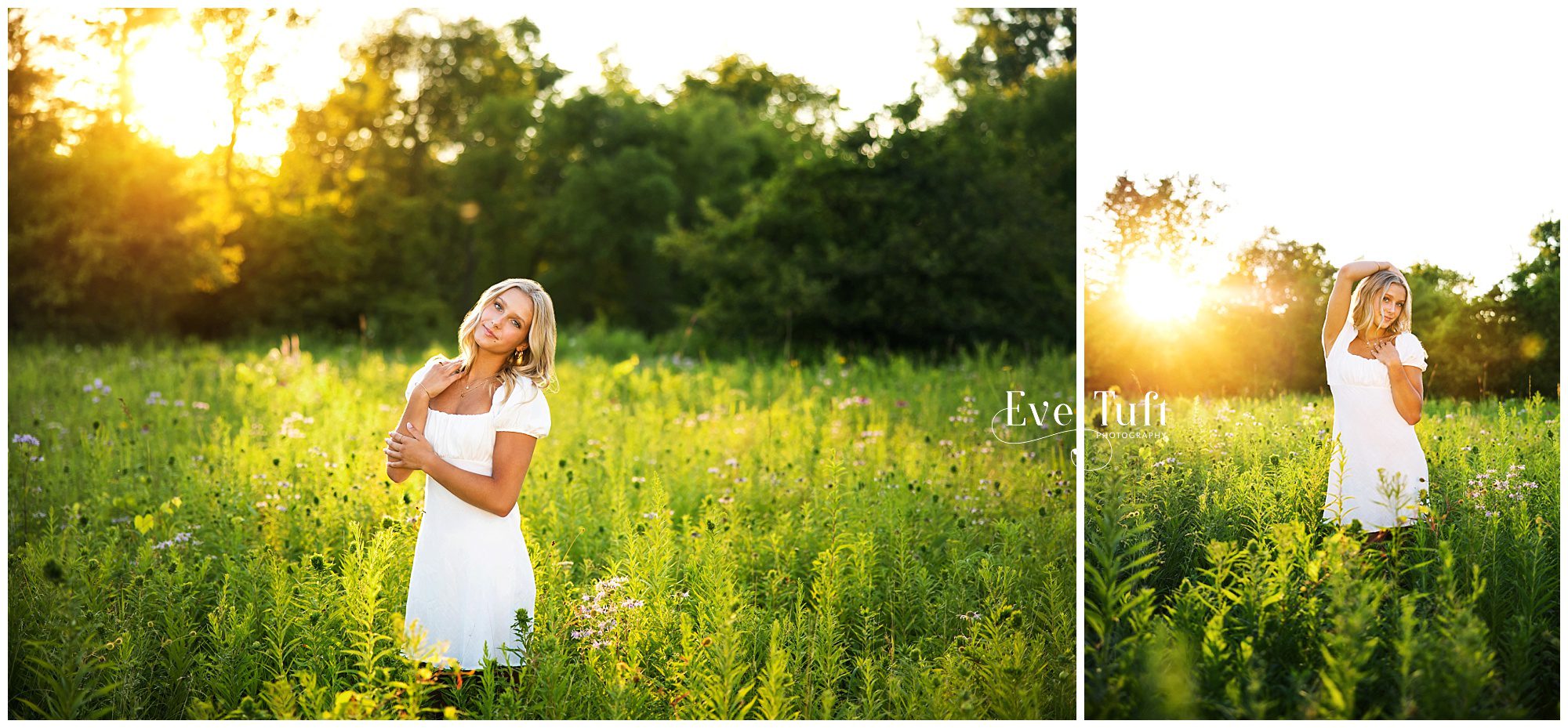 A beautiful teen stands in a field of wildflowers as the sun sets behind her | Senior Photographer in Midland, Michigan