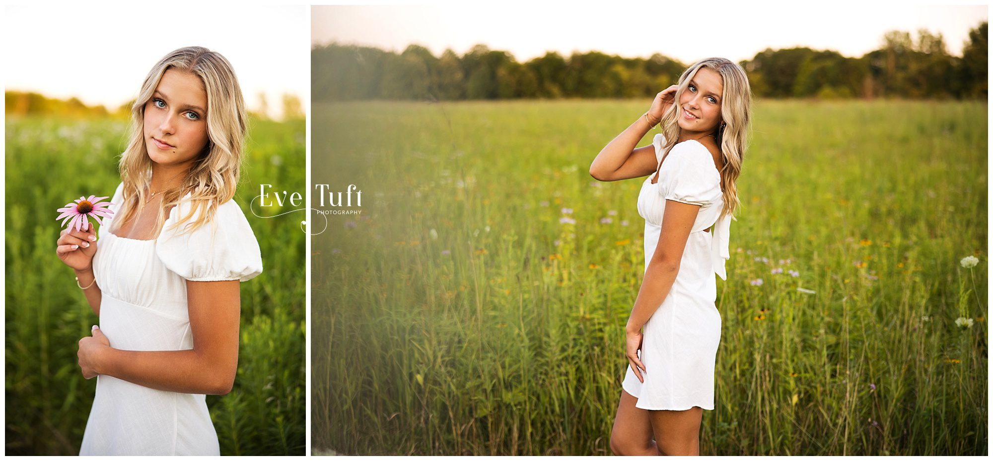 A teen in a white dress walks by holding a flower in her hand | Senior Photographer in Midland, MI