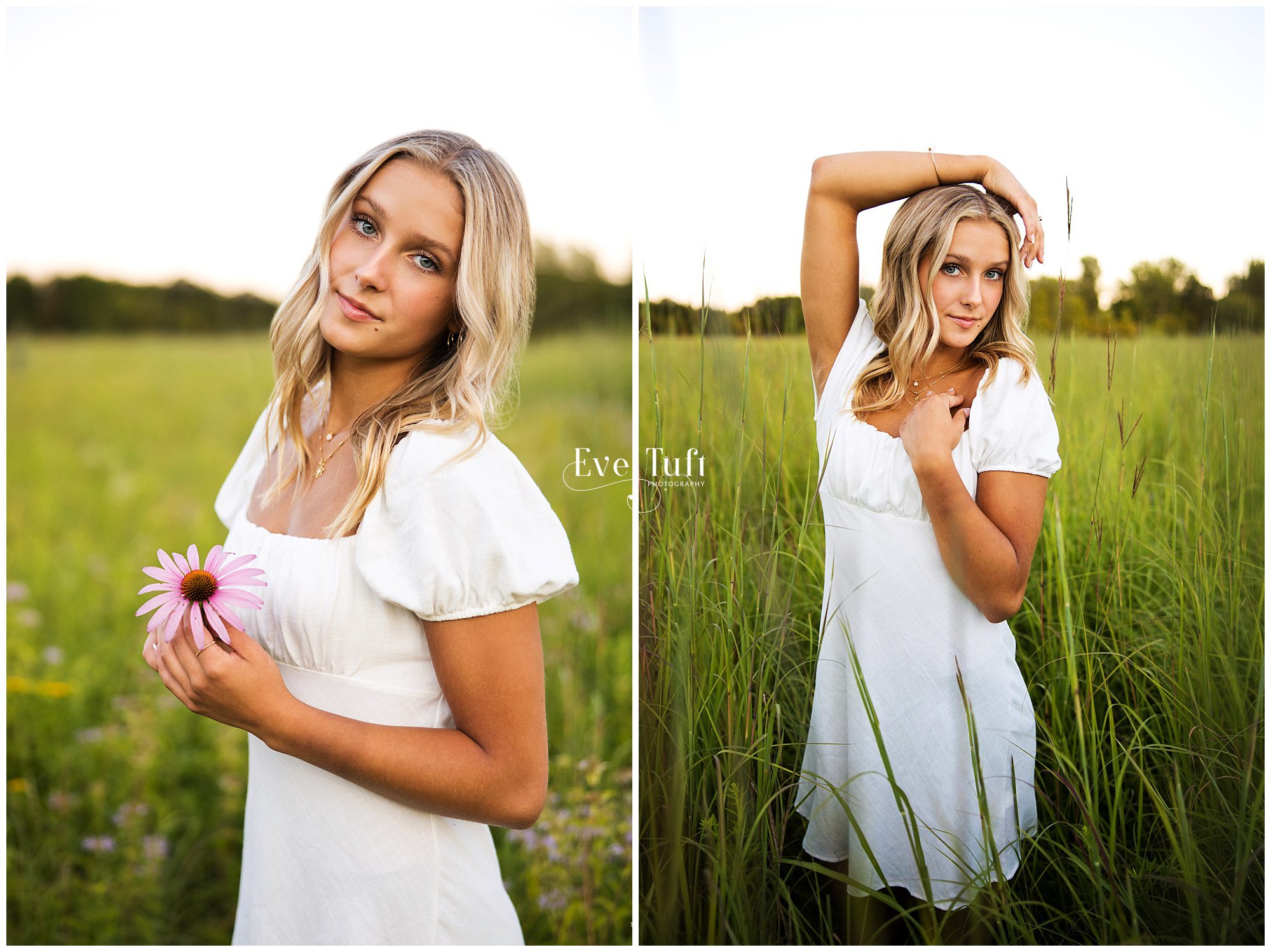 A beautiful teen poses in a field outside with a wildfower in her hands | Senior Photographers in Midland, Michigan
